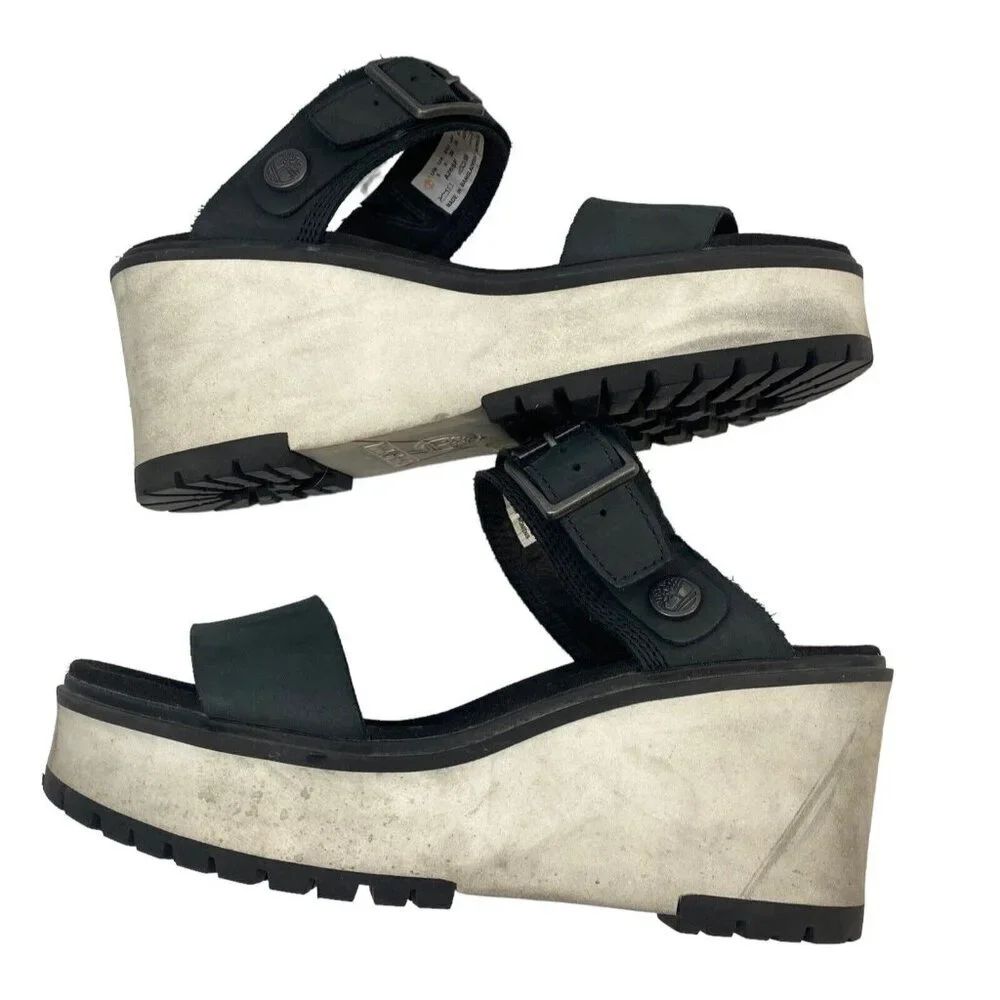 TIMBERLAND Women Platform Size 8 Black Koralyn Buckle Wedge Leather Sandals
